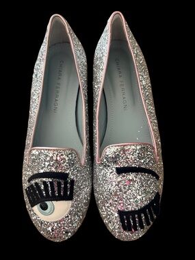 Chiara Ferragni Glitter Eye Wink Loafers in Silver-Sz 7